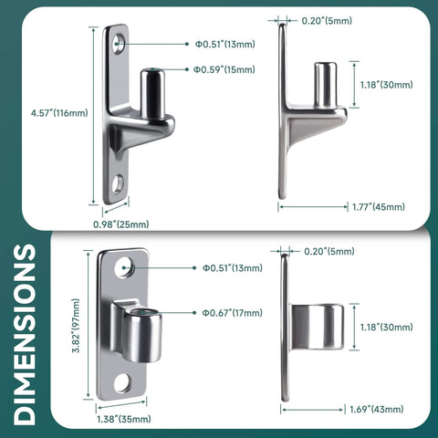 Dimensions of 2 Pack Heavy Duty Gate Hinges, Wall Mount Gate Hinge Set with 5/8'', Capacity Up to 600lbs, Weldless 304 Stainless Steel