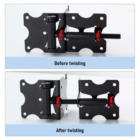 Heavy Duty Self Closing Gate Hinges For Vinyl And Wood Fences, 90 Degree Adjustable With Swing Tool, Black Iron Powder Coat, 2 Pack Before and After Twisting