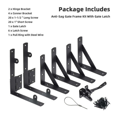 Heavy Duty Anti Sag Gate Kit With Latch For Wooden Fence Gates, Corner Brace Brackets shown in assembled view with components