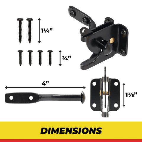 Dimensions and components of Self Locking Automatic Gravity Lever Fence Gate Latch, Steel, Black
