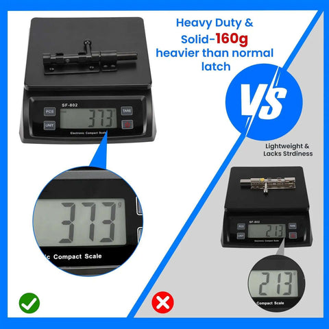 Heavy Duty 6.3 Inch Gate Latch Barrel Bolt Slide Lock weighing 373 grams on scale compared to a lighter latch, made of solid 304 stainless steel with black finish.