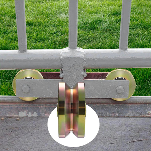 4" Heavy Duty Sliding Gate Rollers Wheels 2 Sets V Groove Slide Wheel Solid 4" Dia 1-3/4" Width Double Bearing 3000 Lbs Capacity with Screws installed