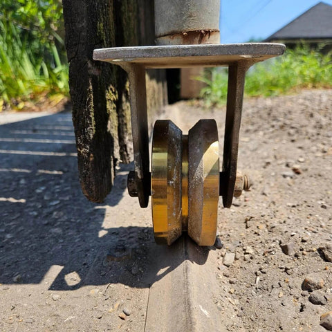 Installed 4" Heavy Duty Sliding Gate Rollers Wheels 2 Sets V Groove Slide Wheel Solid 4" Dia 1-3/4" Width Double Bearing 3000 Lbs Capacity with Screws.