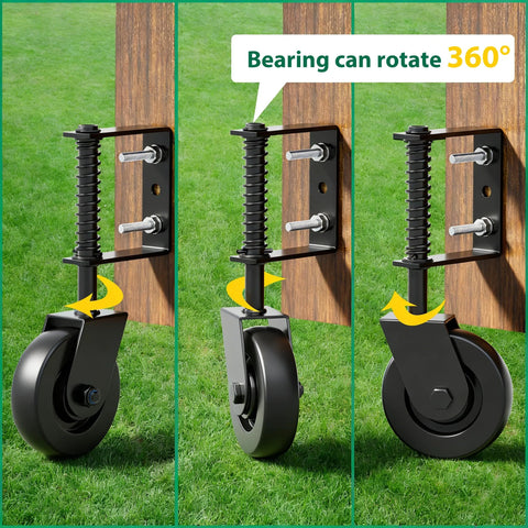 4.3 Inch Heavy Duty Gate Wheel With 360 Degree Rotation, Spring Loaded Shock Absorption Gate Caster installed on wooden gate