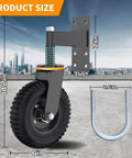 Heavy Duty 6 Inch Gate Wheel With Iron Solid Rubber Core For Maximum 600 Lb Weight Capacity, showing dimensions and parts in cityscape.