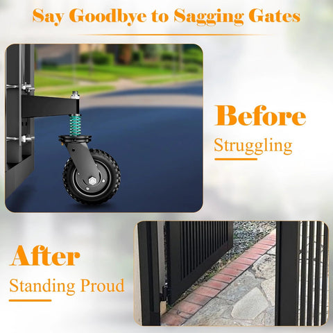Heavy Duty Gate Wheel 6 Inch For Metal Tube Gates And Wooden Doors With 360 Degree Rotation Spring Loaded Caster 550 Lb Capacity Farm Gate Wheels Dual Mount Options Straight Or U Bolt installed on gate