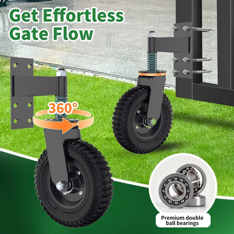 Heavy Duty 6 Inch Gate Wheel With Iron Solid Rubber Core For Maximum 600 Lb Weight Capacity attached to metal gate