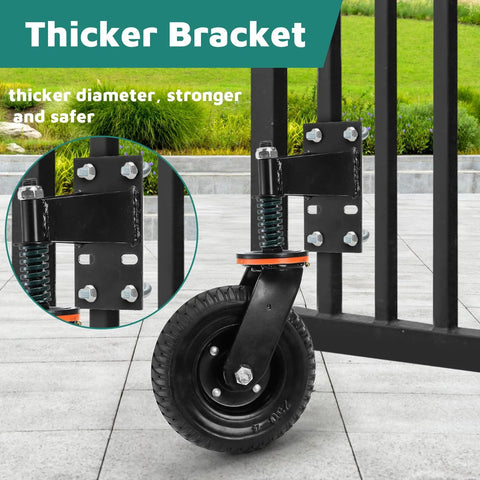 8 Inch Heavy Duty Gate Wheel With Suspension For Metal Or Wooden Gates 600 Lbs Capacity Per Wheel 360 Degree Rolling Caster With Included Screws Wrenches And Mounting Hardware Easy Installation No Special Skills Needed attached to metal gate on concrete