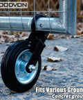 Heavy Duty Gate Wheel Caster Kit For Chain Link Fence Swing, 6 Inch Wheel, attached to gate on concrete, steel plate visible