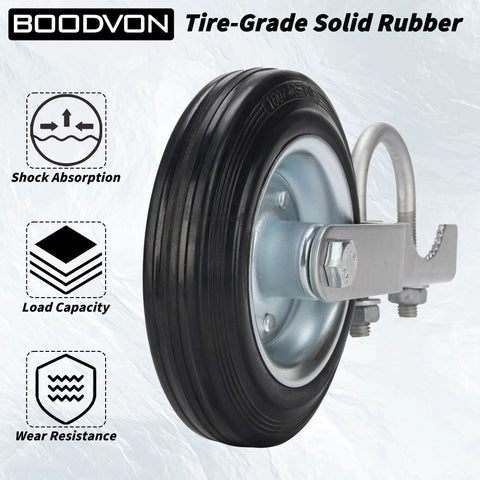 Heavy Duty Gate Wheel Caster Kit For Chain Link Fence Swing, 6 Inch Wheel, steel plate, black finish, close-up view.