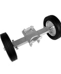 8 Inch Heavy Duty Gate Wheel With Hard Rubber Tread And Adjustable Steel U Bolts For Chain Link Fence And Metal Tube Gates Fits 1.57 To 2.75 Inch Round Gate Frames And Up To 2 Inch Diameter Pipes Corrosion Resistant And Rust Proof, side view of metal frame with two black rubber wheels