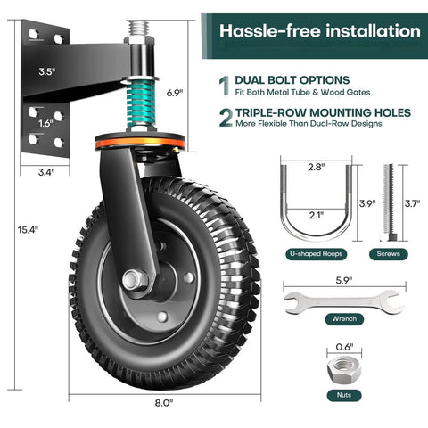 Close-up of heavy duty gate wheel anti sag support with 6 inch spring loaded gate caster, dual mount design rated for 750 lb capacity.
