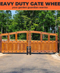Wooden fence gate with Six Inch Gate Wheels With Brake For Metal Swing Tube Gates And Wooden Fence Gates installed
