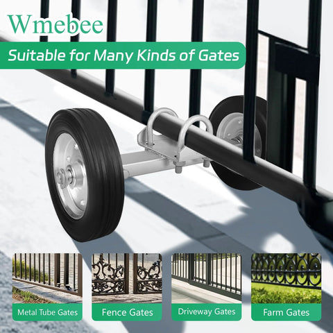 8 Inch Heavy Duty Gate Wheel With Hard Rubber Tread And Adjustable Steel U Bolts For Chain Link Fence And Metal Tube Gates Fits 1.57 To 2.75 Inch Round Gate Frames And Up To 2 Inch Diameter Pipes Corrosion Resistant And Rust Proof installed on gate