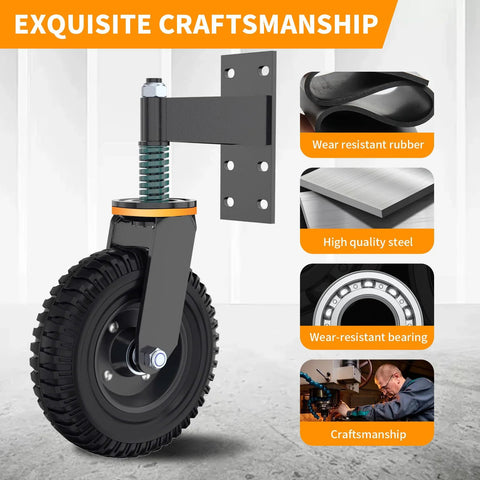 8 Inch Heavy Duty Gate Wheel With Solid Rubber Tire And Shock Absorbing Springs, 750 Lb Weight Capacity, Corrosion And Rust Resistant, Ideal For Wood Gates And Metal Pipe Gates, Yellow Upgrade