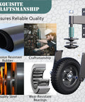 Collage showing 8 Inch Gate Wheel For Metal Tube And Wooden Gates, 15.4 Inch Height, Spring Loaded Heavy Duty Rubber Caster, 700 Lb Capacity.