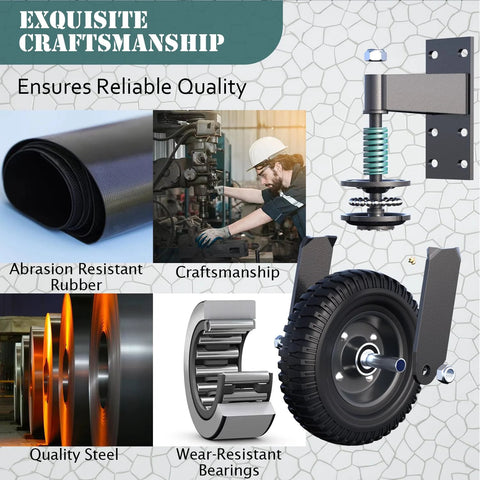 Collage showing 8 Inch Gate Wheel For Metal Tube And Wooden Gates, 15.4 Inch Height, Spring Loaded Heavy Duty Rubber Caster, 700 Lb Capacity.
