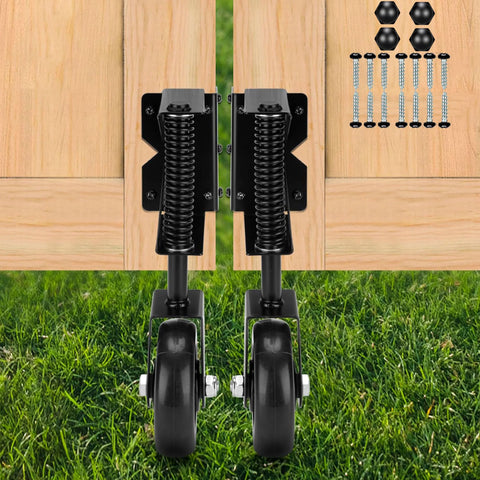 4.3 Inch Heavy Duty Gate Wheel With Spring Loaded Mechanism mounted on a wooden gate, hardware included, 2 Pack shown on grass