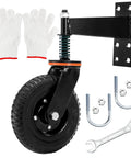 8 Inch Heavy Duty Gate Wheel With Suspension For Metal Or Wooden Gates 600 Lbs Capacity Per Wheel 360 Degree Rolling Caster With Included Screws Wrenches And Mounting Hardware Easy Installation No Special Skills Needed, showing the wheel and mounting accessories.