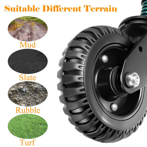 Close-up of 6-inch heavy duty gate wheel for metal tube gates and wooden doors, suited for mud, slate, rubble, and turf terrains.