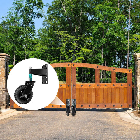 Heavy Duty Gate Wheel 6 Inch For Metal Tube Gates And Wooden Doors With 360 Degree Rotation Spring Loaded Caster installed on wooden gate