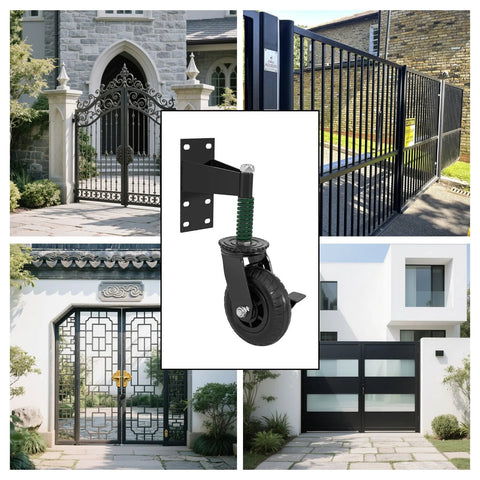 Two-Piece 6-Inch Heavy Duty Gate Wheels With Spring Loaded Caster Kit shown with various gate styles