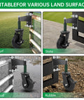 Two-Piece 6-Inch Heavy Duty Gate Wheels With Spring Loaded Caster Kit installed on various surfaces