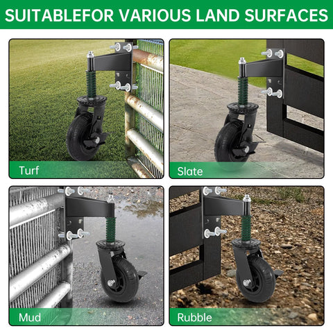 Two-Piece 6-Inch Heavy Duty Gate Wheels With Spring Loaded Caster Kit installed on various surfaces