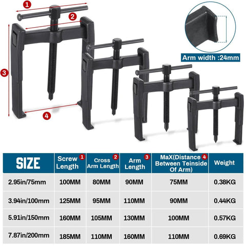 Heavy Duty 4 Piece 2 Jaw Gear Puller Set Built To Last Carbon Steel Adjustable Removal Tool, size and dimension chart visible