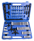 Beast Gear Puller Set With 3, 4, 6 And 8 Inch Pullers And 2 And 3 Jaw Hubs, bearing separator in blue case.