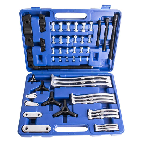 Beast Gear Puller Set With 3, 4, 6 And 8 Inch Pullers And 2 And 3 Jaw Hubs, bearing separator in blue case.