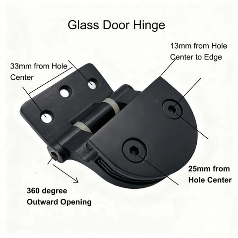 Beefy Heavy Duty Zinc Alloy Stainless Steel Glass Door Hinge For 4 To 7 Mm Glass Fits Wine Cabinets And Sauna Rooms Easy Install Two Pack Pearl Black Finish, showing dimensions and design details.