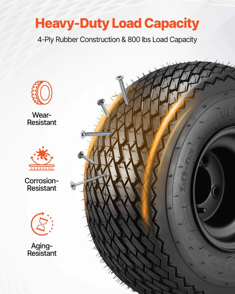 Close-up of 8 Inch Golf Cart Wheels and Tires Combo Set of 4 with 18x8.50-8 All Terrain Rubber Tires, black steel rim, 4 ply construction