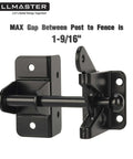 Self Locking Gravity Gate Latch For Wood Fences And Metal Gates, black powder coat, shown with max gap measurement of 1-9/16".