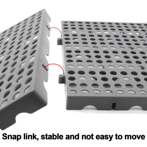 Close-up of Heavy Duty Plastic Pallets Three Pack Commercial Grade 11.8x11.8x1.8 Inches Waterproof Ventilated Grid Design.