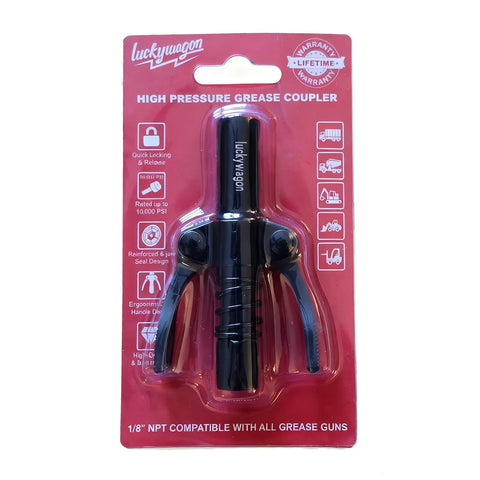 Heavy Duty Grease Gun Coupler With Leakproof Quick Lock Release in packaging, 10,000 PSI, dual handle for industrial machinery