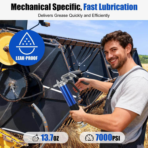 Man using Heavy Duty Grease Gun Kit, 8000 PSI Pistol Grip Grease Gun, 14 oz Capacity on agricultural machine with hoses and couplers
