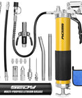 17-Piece Heavy Duty Grease Gun Kit with 14oz grease tube, flexible hose, connectors, adapters, and pistol grip nozzle.