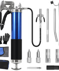 Heavy Duty Grease Gun Kit, 8000 PSI Pistol Grip Grease Gun, 14 oz Capacity with case, 11&18 Inch Resin Flex Hose, accessories shown.