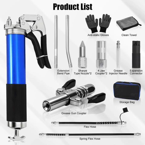 Heavy Duty Grease Gun Kit, 8000 PSI Pistol Grip Grease Gun, 14 oz Capacity with accessories, hoses, couplers, and storage bag