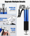 Features of Heavy Duty Grease Gun Kit, 8000 PSI Pistol Grip Grease Gun, highlighting high pressure piston and non-slip handle