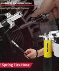 18-inch spring flex hose from 17-Piece Heavy Duty Grease Gun Kit: 14oz Grease Tube Flexible Hose Bearing Grease Pump 8000 PSI Pistol Grip Grease Guns Tool Marine Durable Connectors Adapters Extension Tubes Nozzle Easy Operation