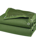 Green heavy duty mesh tarp folded, featuring grommets, multipurpose protective cover for tie downs, shade fences, and canopies