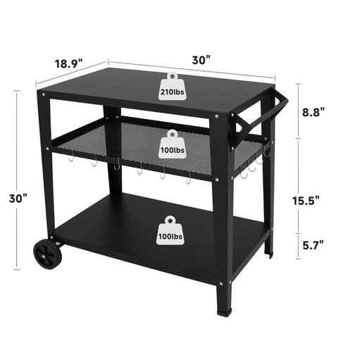 Heavy Duty Outdoor Grill Cart With Wheels And 3 Tier Prep Table For Pizza Oven And Griddle On The Patio With Tool Hooks 42 Inch Main Workspace Heat Resistant Up To 500 Degrees Rustproof Carbon Iron Construction Leetolla side view