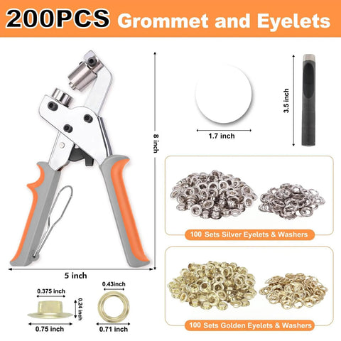 Grommet Tool Kit With 200 Sets Three Eighths Inch Grommets Heavy Duty Pliers Kit for Tarp Fabric Banner Canvas Leather