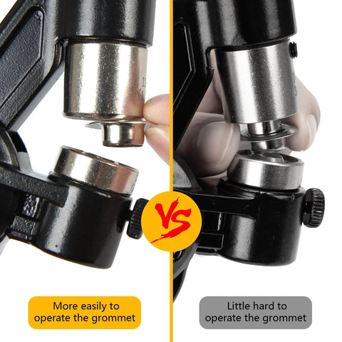 Comparison of grommet installation with Heavy Duty Grommet Tool Kit with 1/2 Inch Die, showing ease of use for leather canvas fabric.