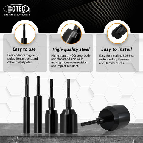 Heavy Duty 5/8 Inch Ground Rod Driver Bit For All SDS Plus Rotary Hammer Drills BGTEC 40Cr steel with thick walls displayed.
