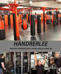 Boxing gym with heavy bags and "HANDRERLEE" text, emphasizing mountain climbing buckle's daily utility and gym equipment use.