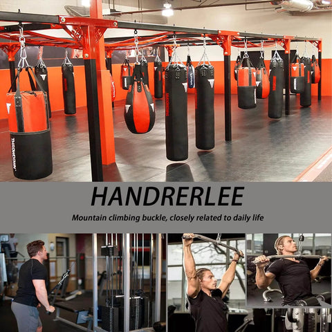 Boxing gym with heavy bags and "HANDRERLEE" text, emphasizing mountain climbing buckle's daily utility and gym equipment use.