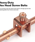 Close-up of heavy-duty hex head screw bolts on 4 Foot Copper Bonded Grounding Rod With 3 Eighth Inch Diameter And 10 Foot Ground Wire Integrated Cable Clips Copperweld Rod With Hardened Steel Core Vertical Electroplating Heavy Duty Grounding Kit Meets ASTM E8 E8M 16 And ASTM B368 2014 1 Set